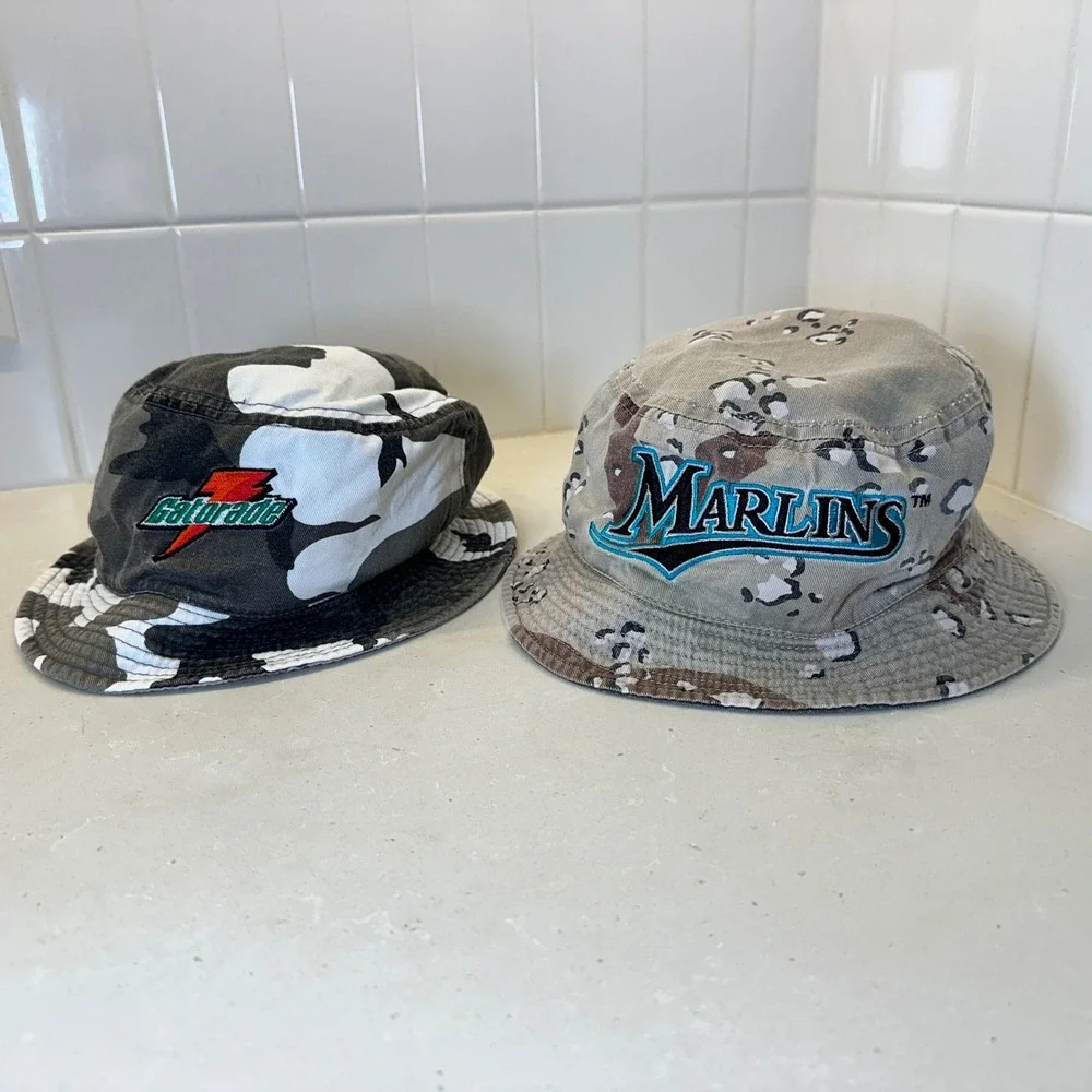 Vintage Miami Marlins Bucket Hats Camo Gatorade MLB Adult Reversible Bundle - Picture 1 of 5
